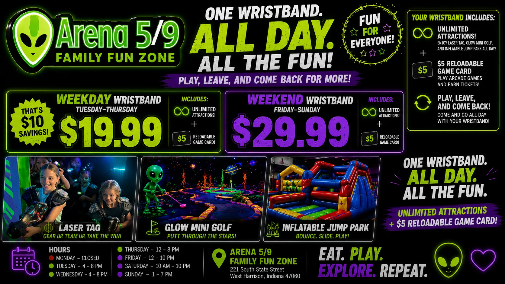Arena 5/9 all-day wristband pricing flyer